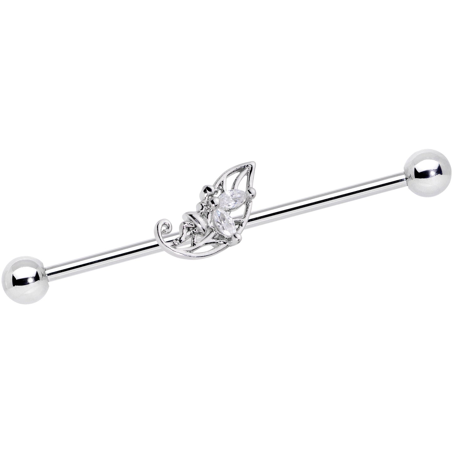 14G Clear CZ Gem Fairy Leaf Industrial Barbell 38mm
