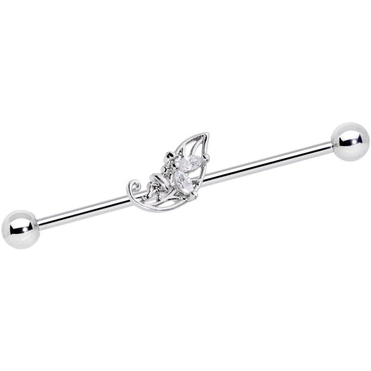 14G Clear CZ Gem Fairy Leaf Industrial Barbell 38mm