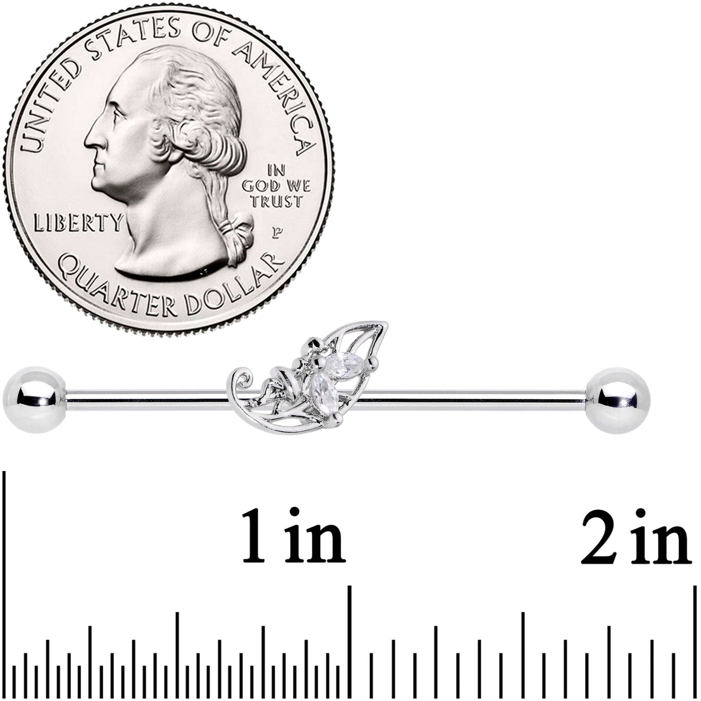 14G Clear CZ Gem Fairy Leaf Industrial Barbell 38mm