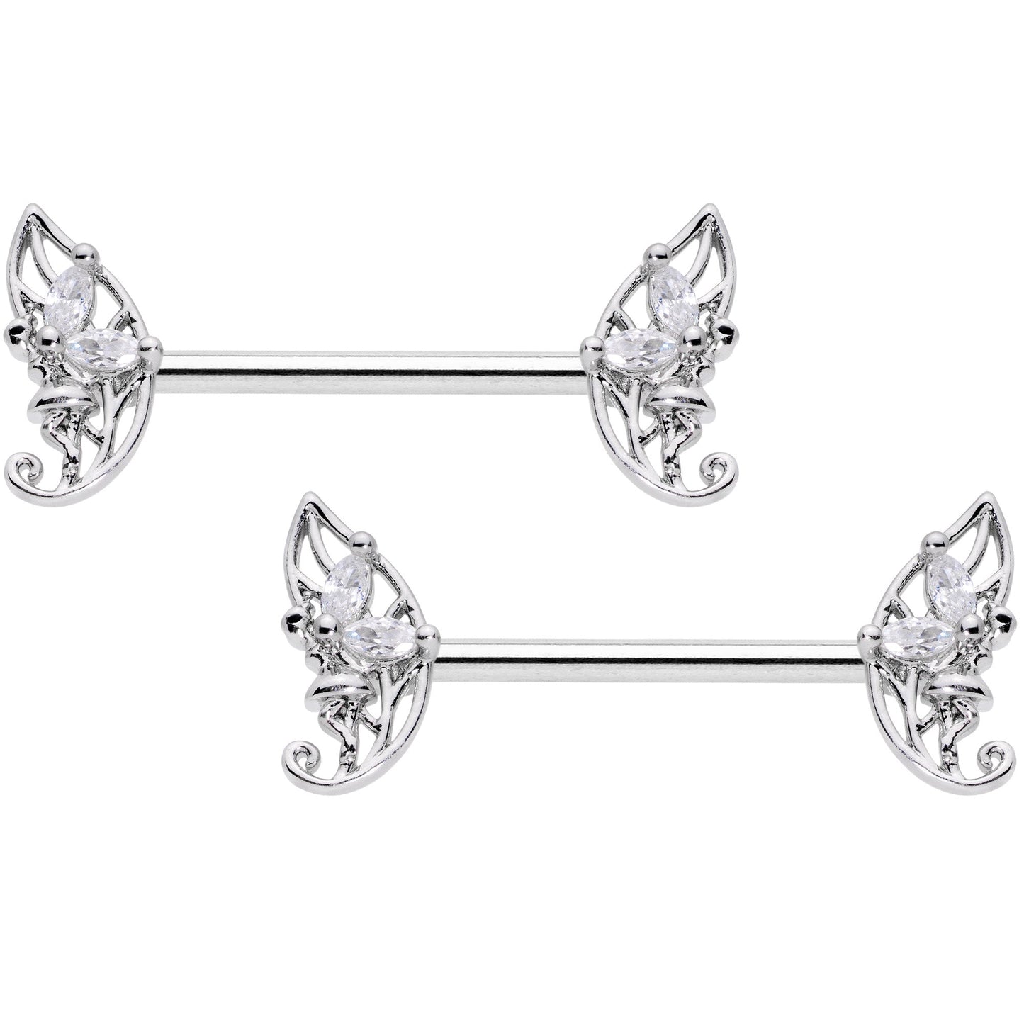 14G 9/16 Clear CZ Gem Fairy Leaf Barbell Nipple Ring Set