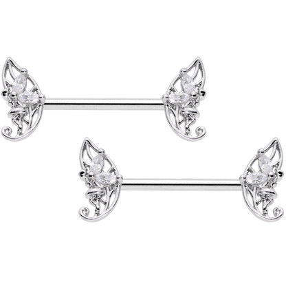 14G 9/16 Clear CZ Gem Fairy Leaf Barbell Nipple Ring Set
