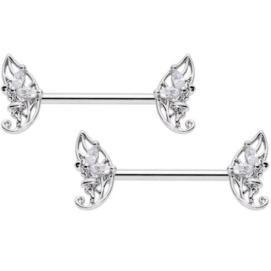 14G 9/16 Clear CZ Gem Fairy Leaf Barbell Nipple Ring Set