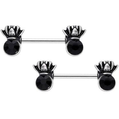 14G 9/16 Black CZ Gem Lotus Flower Crown Barbell Nipple Ring Set