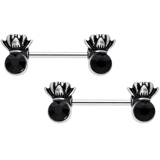14G 9/16 Black CZ Gem Lotus Flower Crown Barbell Nipple Ring Set