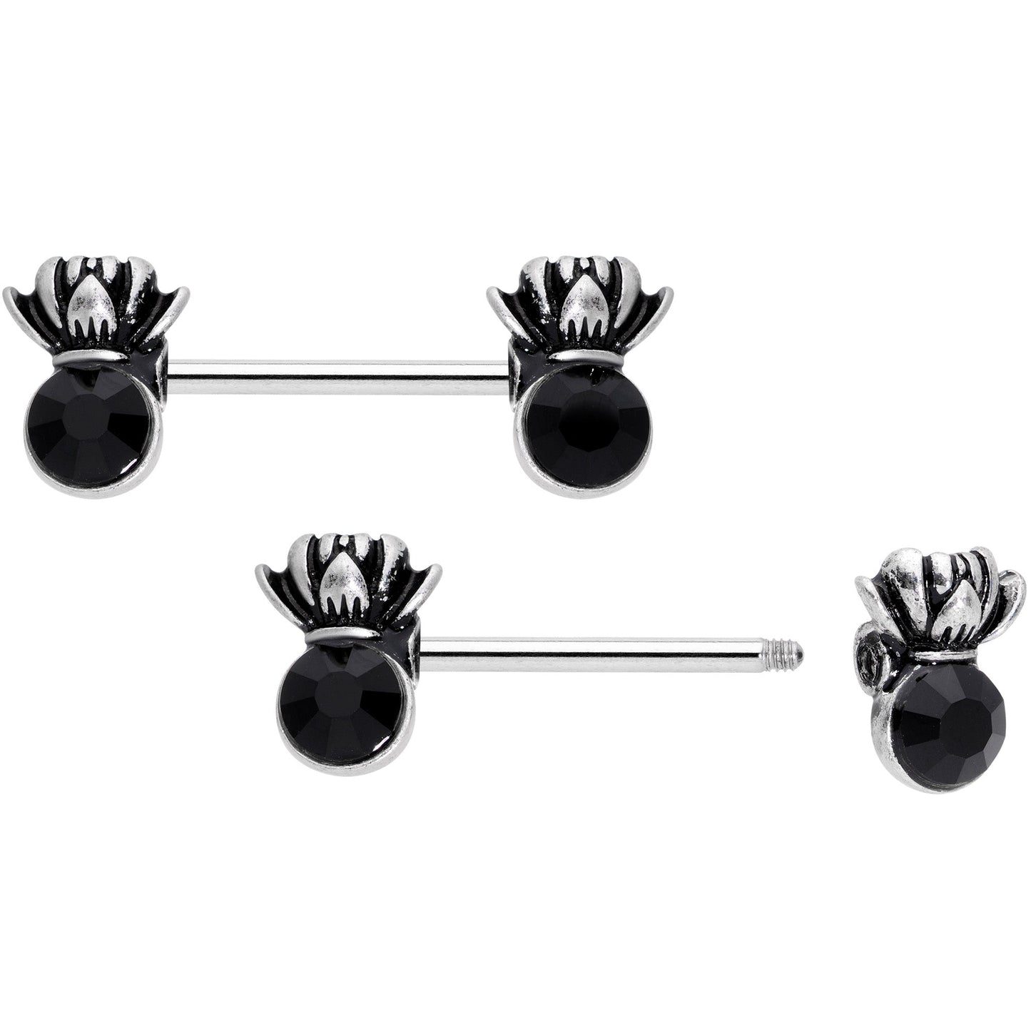 14G 9/16 Black CZ Gem Lotus Flower Crown Barbell Nipple Ring Set