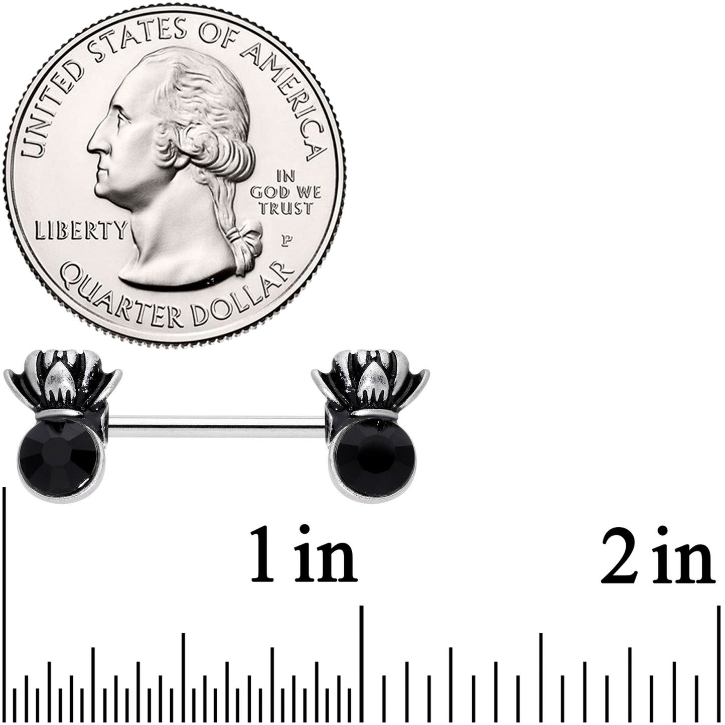 14G 9/16 Black CZ Gem Lotus Flower Crown Barbell Nipple Ring Set