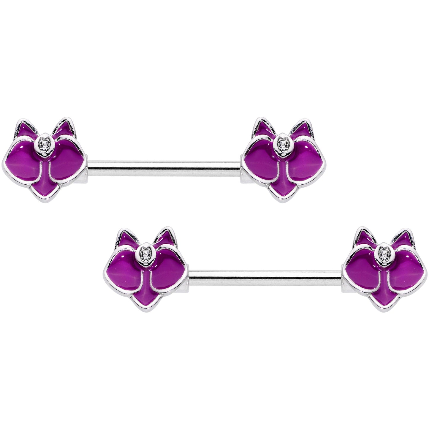 14G 9/16 Clear Gem Purple Orchid Flower Barbell Nipple Ring Set