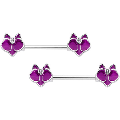 14G 9/16 Clear Gem Purple Orchid Flower Barbell Nipple Ring Set