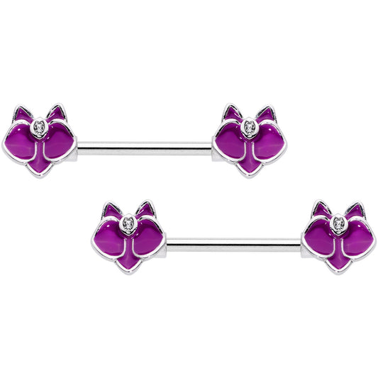 14G 9/16 Clear Gem Purple Orchid Flower Barbell Nipple Ring Set