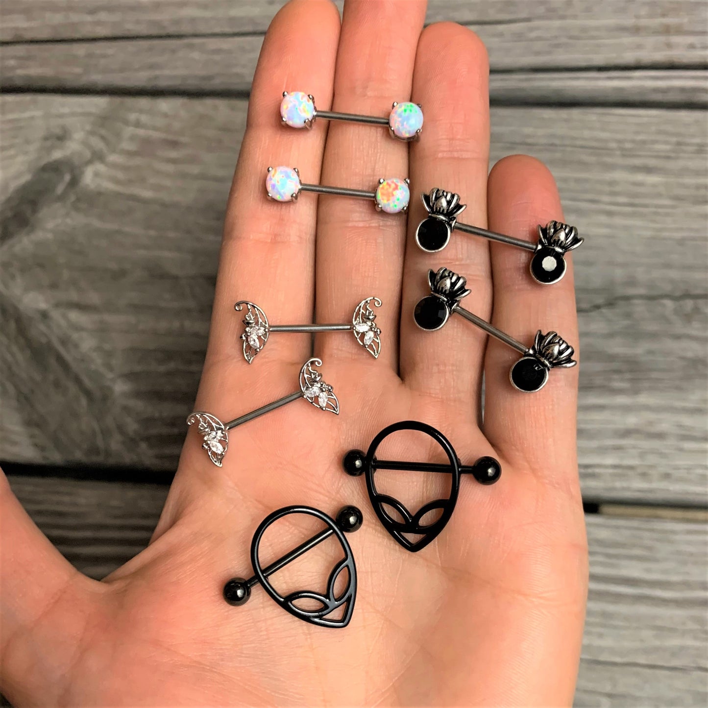 14G 9/16 Stainless Steel White Synthetic Opal Nipple Barbell Set