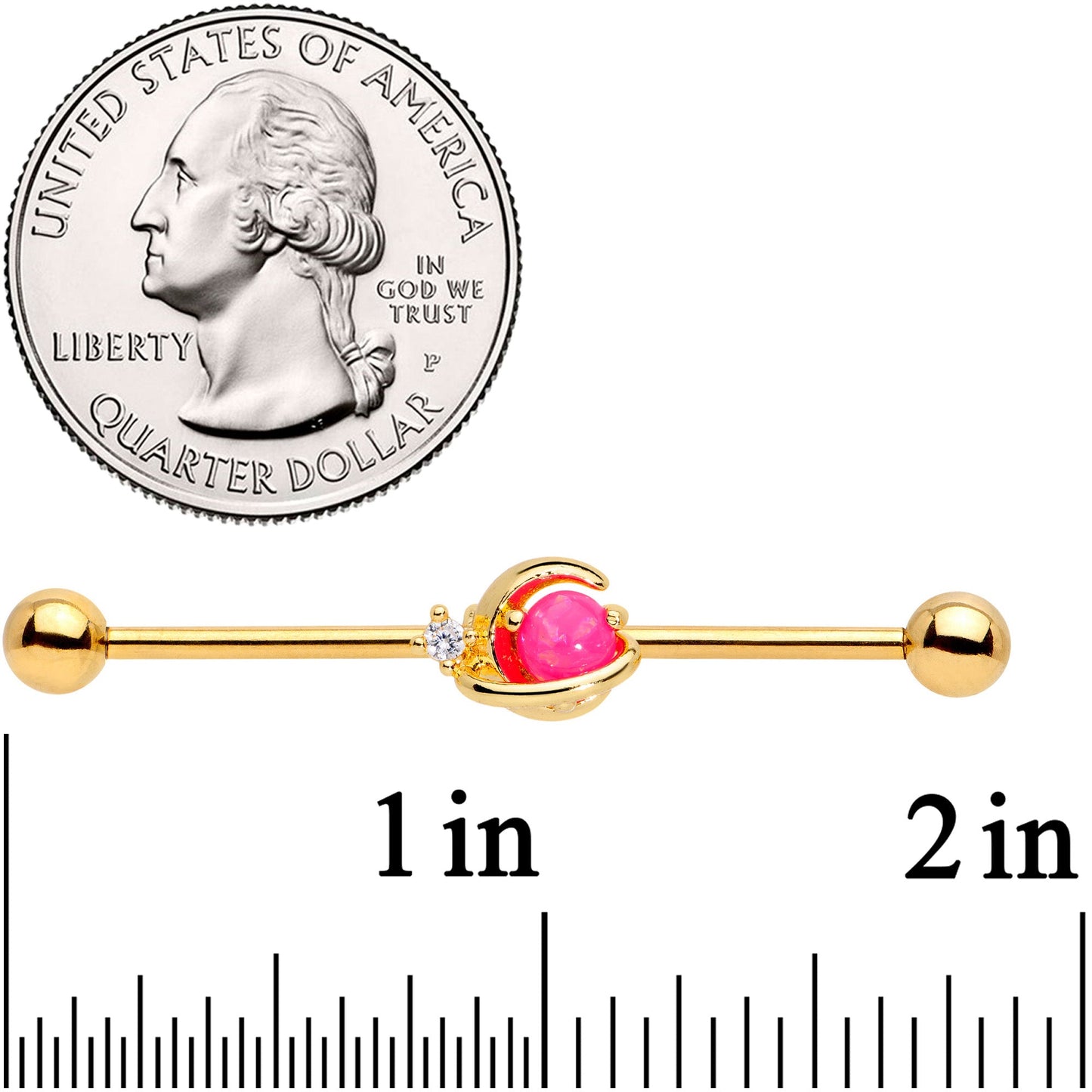 14G Clear CZ Gem Gold Tone Pink Moon Industrial Barbell 38mm