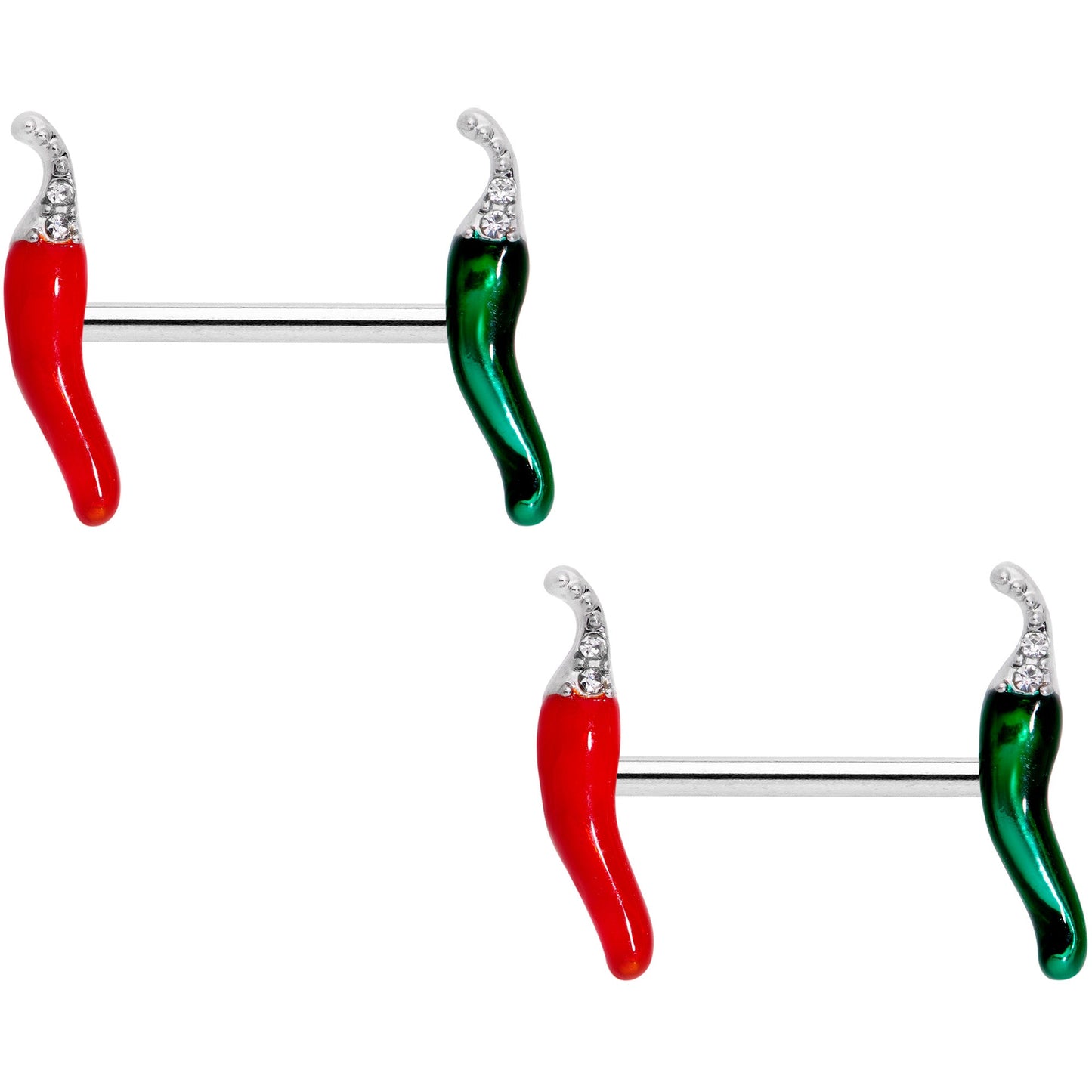 14G 5/8 Clear Gem Red Green Pepper Barbell Nipple Ring Set