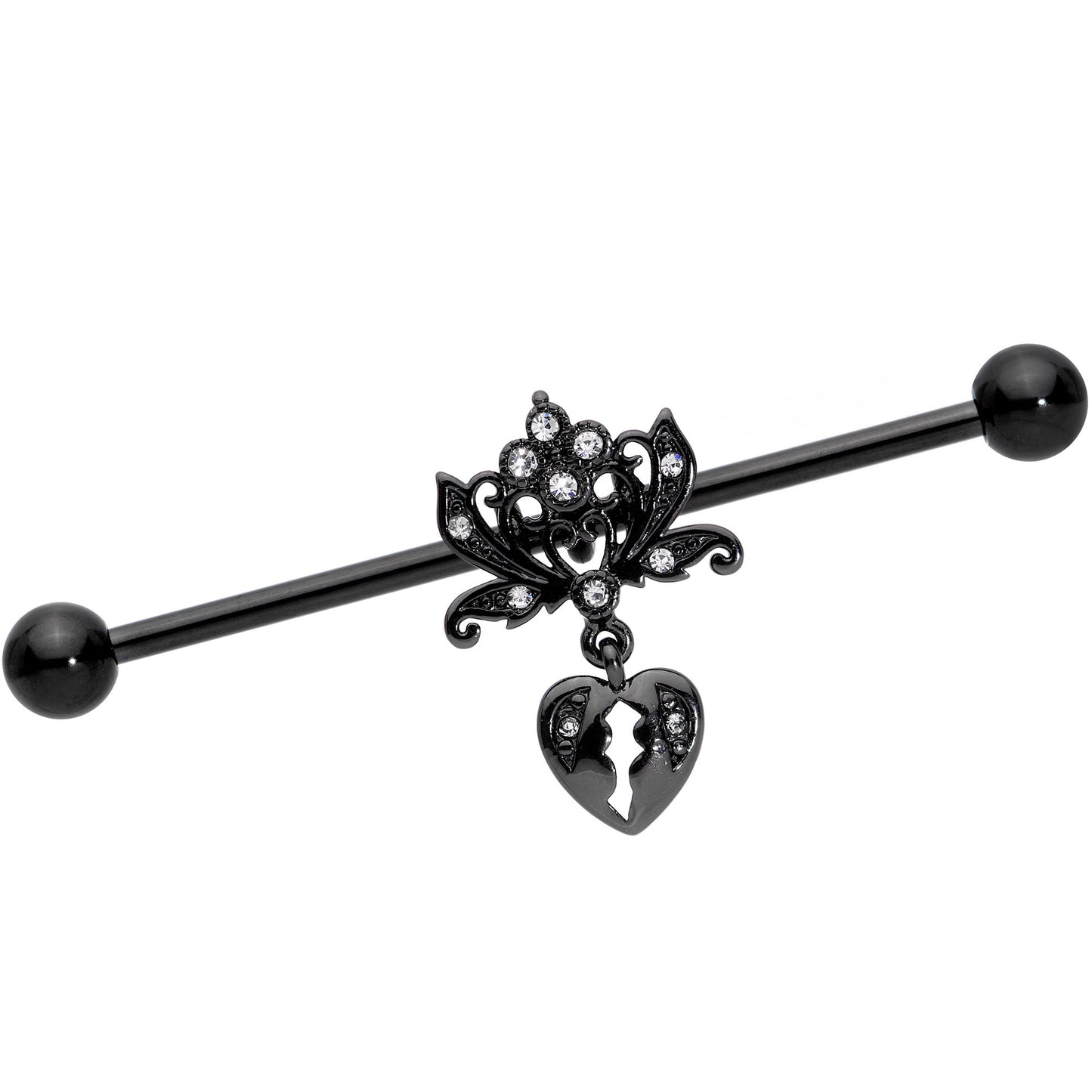 14G Clear Gem Black Heart Lock Lotus Flower Industrial Barbell 38mm