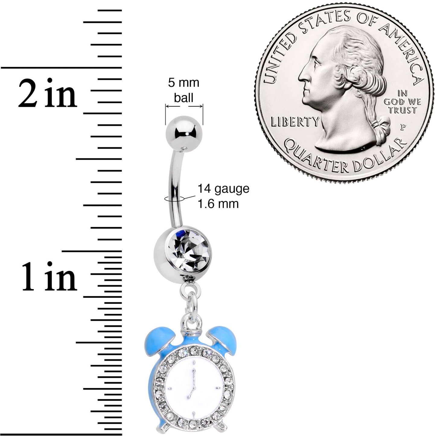 Clear Gem Light Blue Alarm Clock Dangle Belly Ring