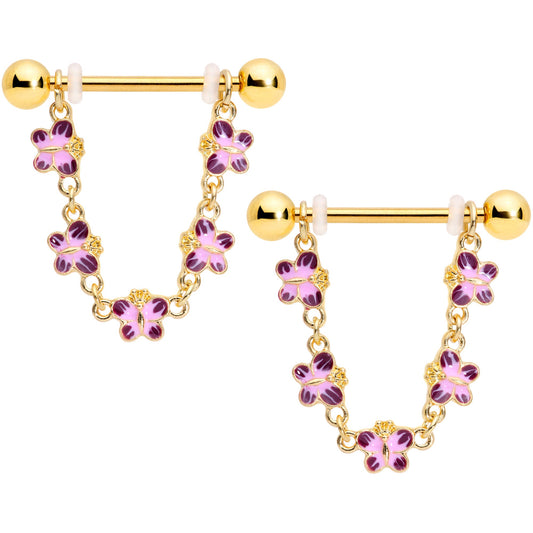 14G 3/4 Pink Purple Gold Tone Butterflies Dangle Nipple Ring Set