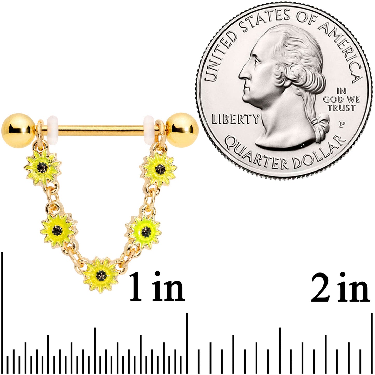 14G 3/4 Gold Tone Yellow Sunflower Dangle Nipple Ring Set