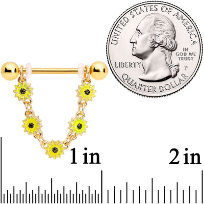 14G 3/4 Gold Tone Yellow Sunflower Dangle Nipple Ring Set