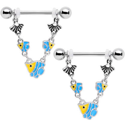 14G 13/16 Blue Yellow Fish Shell Nautical Dangle Nipple Ring Set