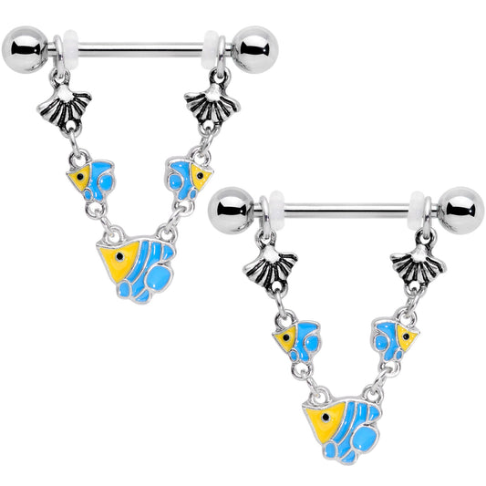 14G 13/16 Blue Yellow Fish Shell Nautical Dangle Nipple Ring Set