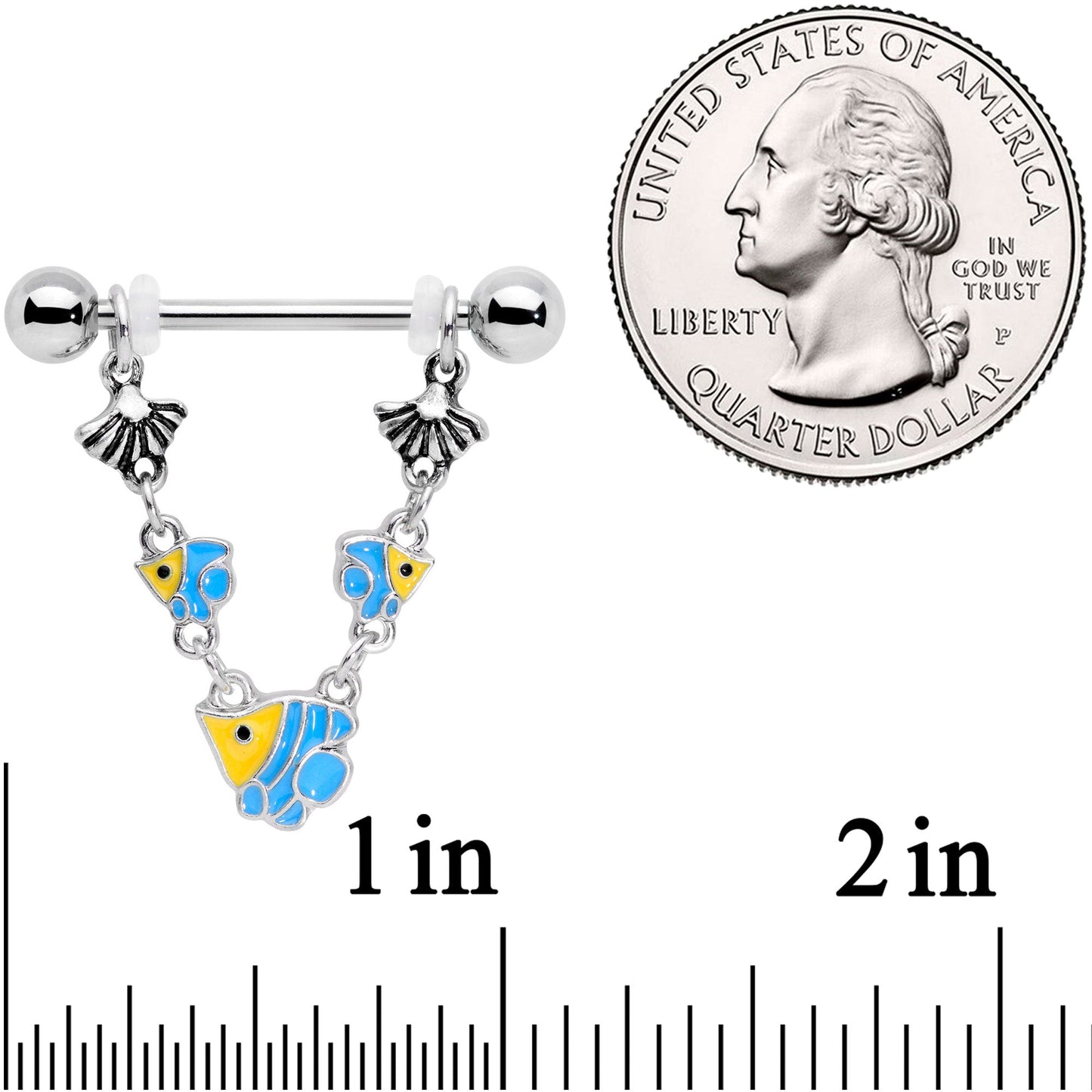 14G 13/16 Blue Yellow Fish Shell Nautical Dangle Nipple Ring Set