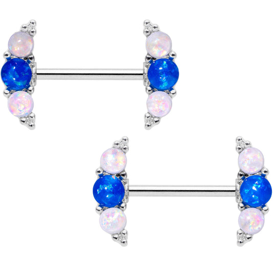 14G 9/16 Faux Blue White Opal Curve Barbell Nipple Ring Set