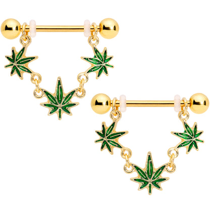 14G 3/4 Green Gold Tone Weed Pot Leaf Dangle Nipple Ring Set
