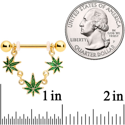 14G 3/4 Green Gold Tone Weed Pot Leaf Dangle Nipple Ring Set