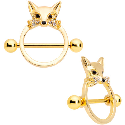 14G 13/16 Clear Black Gem Gold Tone Fox Nipple Shield Set
