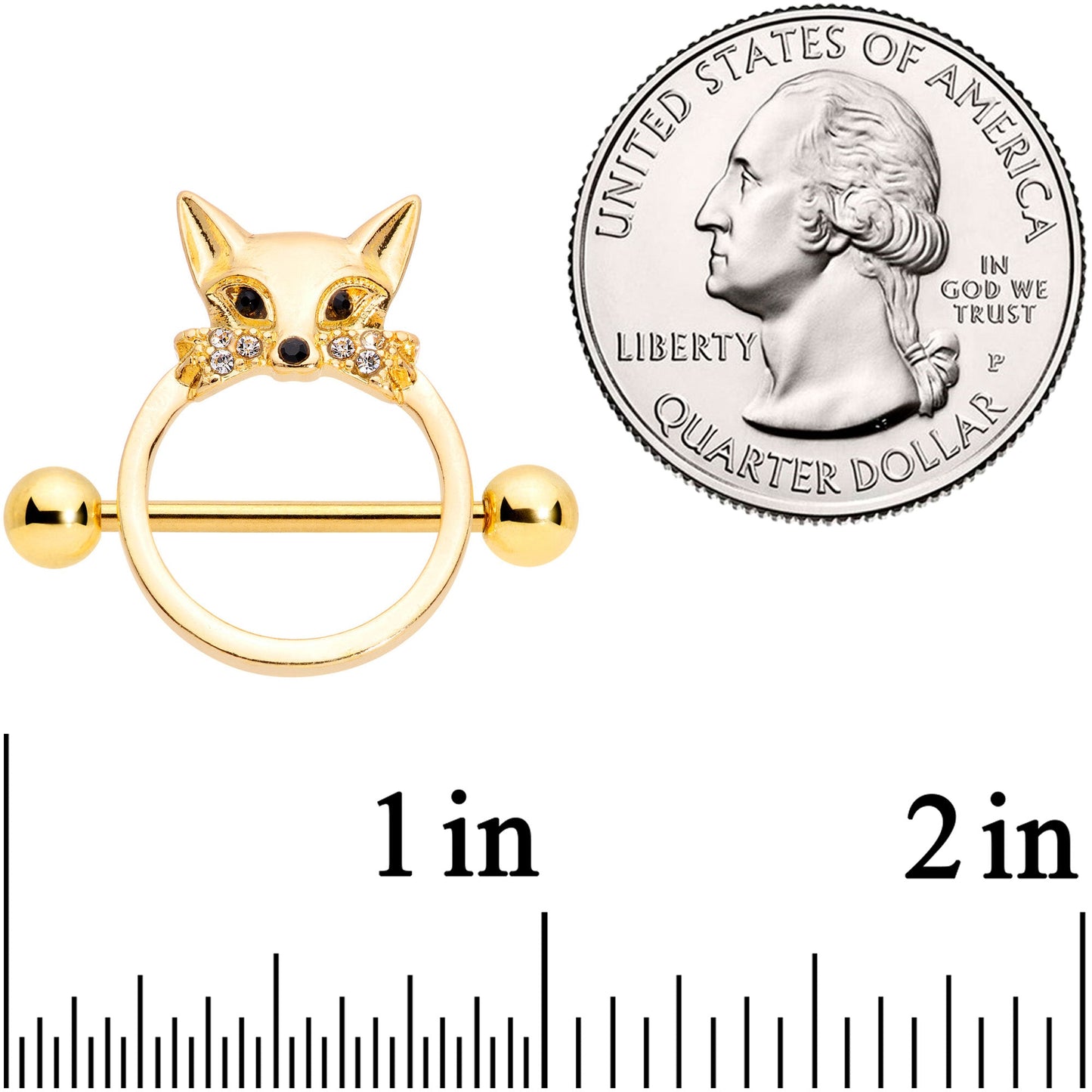 14G 13/16 Clear Black Gem Gold Tone Fox Nipple Shield Set