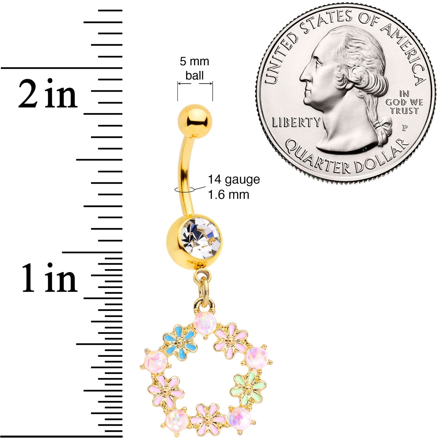 Clear Gem Gold Tone Pink Blue Green Flower Dangle Belly Ring