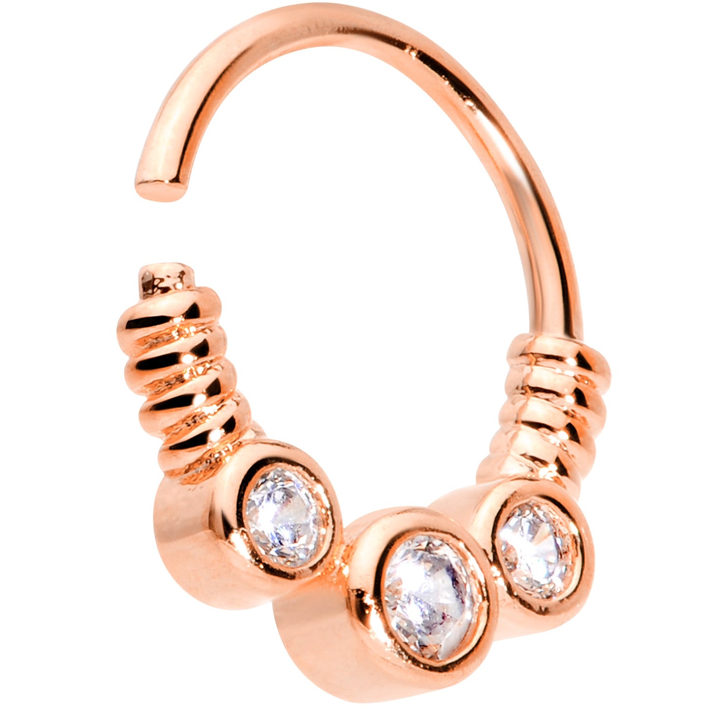 16G 3/8 Clear CZ Gem Trio Rose Gold Tone Coils Closure Ring