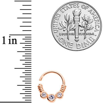 16G 3/8 Clear CZ Gem Trio Rose Gold Tone Coils Closure Ring