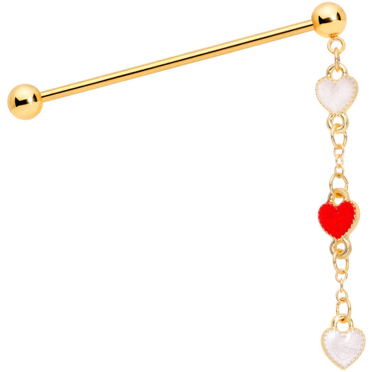 14G Red White Gold Tone Hearts Dangle Industrial Barbell 38mm