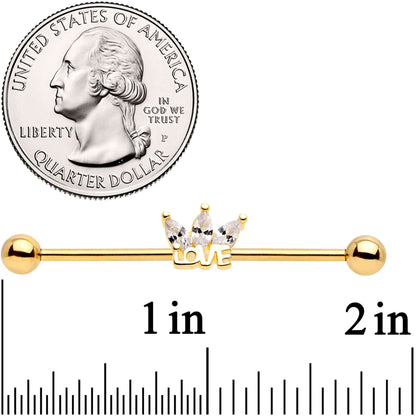 14G Clear Gem Gold Tone Crown of Love Industrial Barbell 38mm