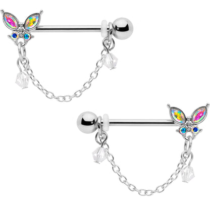 14G 5/8 Aurora Gem Butterfly Dangle Nipple Ring Set
