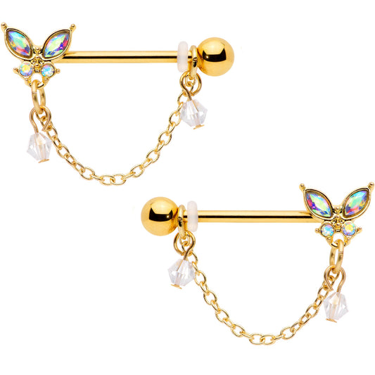 14G 5/8 Aurora Gem Gold Tone Butterfly Dangle Nipple Ring Set