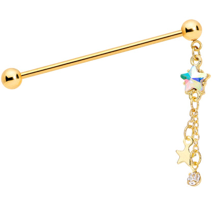 14G Aurora Gem Gold Tone Star Dangle Industrial Barbell 38mm
