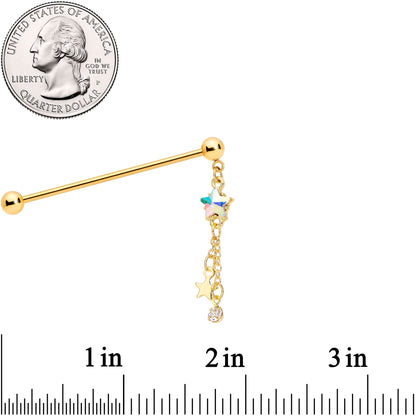 14G Aurora Gem Gold Tone Star Dangle Industrial Barbell 38mm