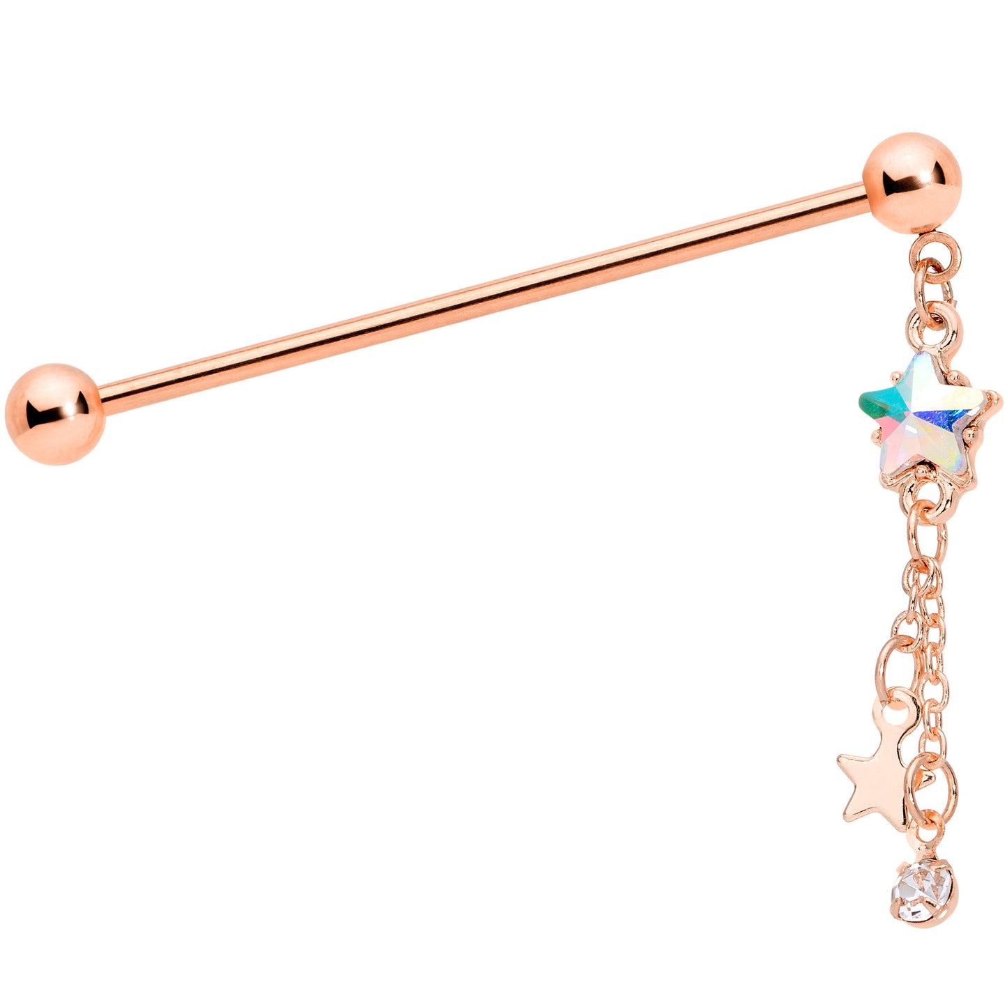 14G Aurora Gem Rose Gold Tone Star Dangle Industrial Barbell 38mm
