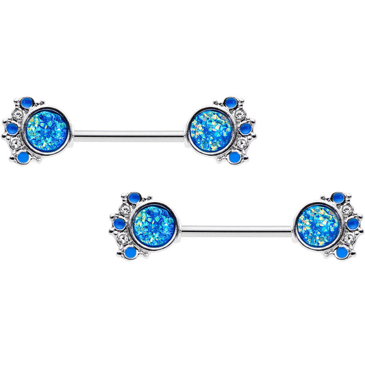 14G 9/16 Blue Faux Druzy Serenade Barbell Nipple Ring Set