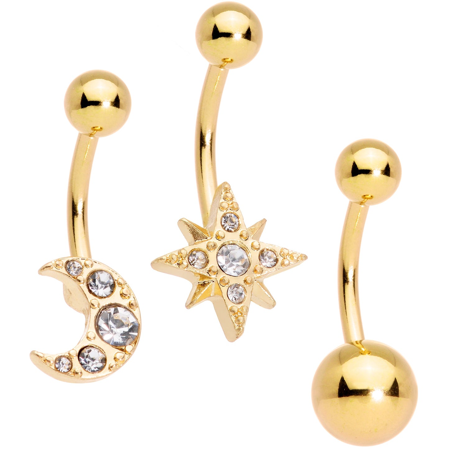 Clear Gem Gold Tone Celestial Moon Star Belly Ring Set of 3