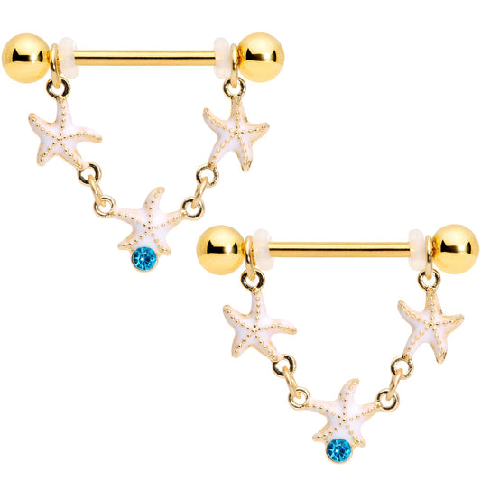 14G 9/16 Blue Gem Gold Tone Starfish Dangle Nipple Ring Set