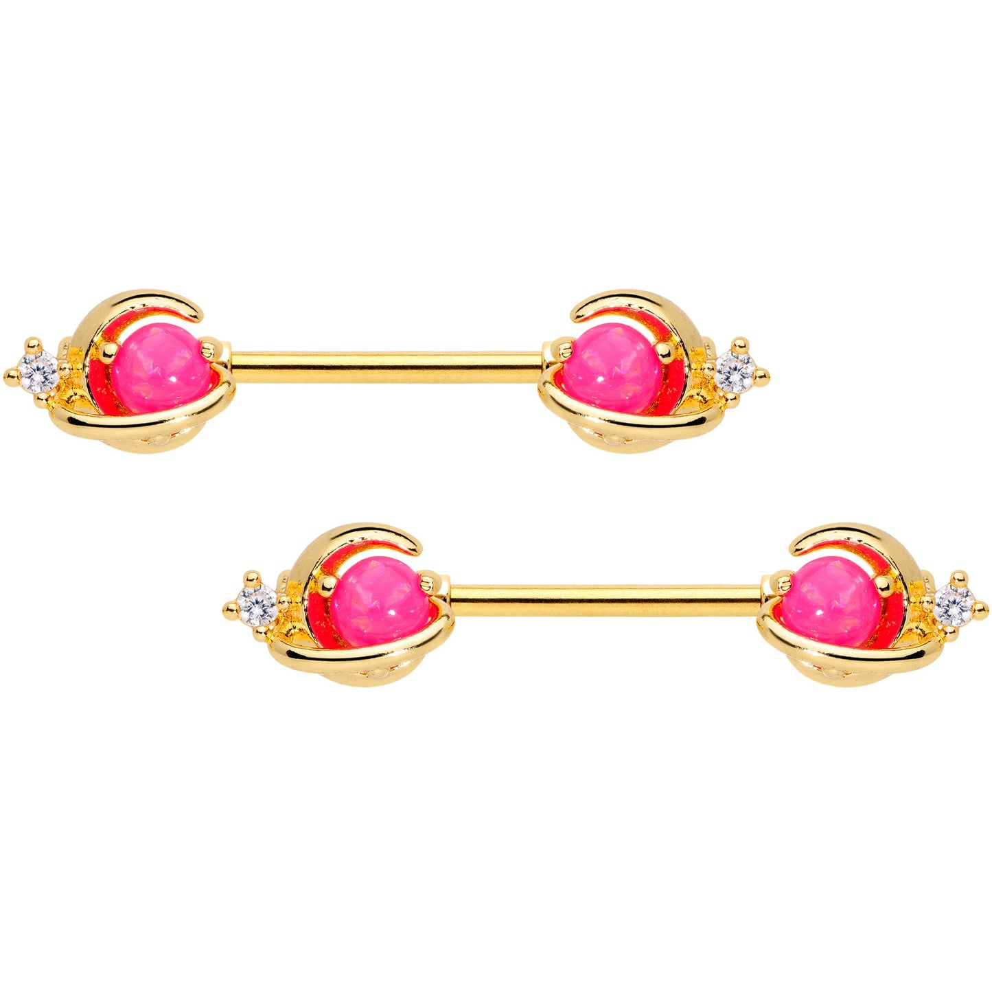 14G 9/16 Clear CZ Gem Gold Tone Pink Moon Barbell Nipple Ring Set