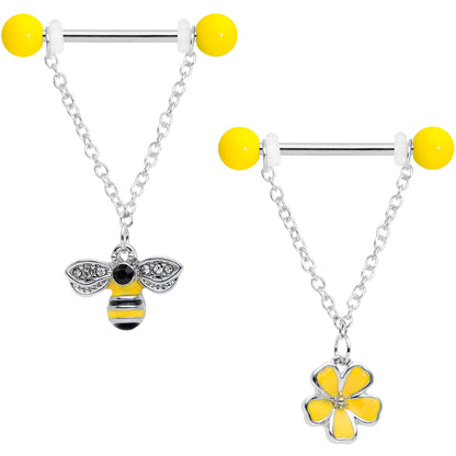 14G 9/16 Black CZ Gem Yellow Flower Bee Dangle Nipple Ring Set
