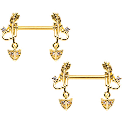 14G 9/16 Clear CZ Gem Gold Tone Love Feather Barbell Nipple Ring Set
