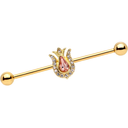 14G Pink Clear Gem Gold Tone Tulip Flower Industrial Barbell 38mm