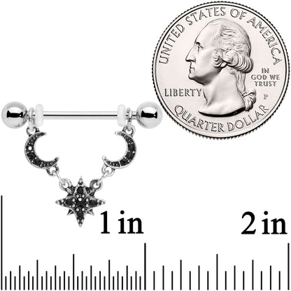 14G 9/16 Black Gem Crescent Moons Star Dangle Nipple Ring Set