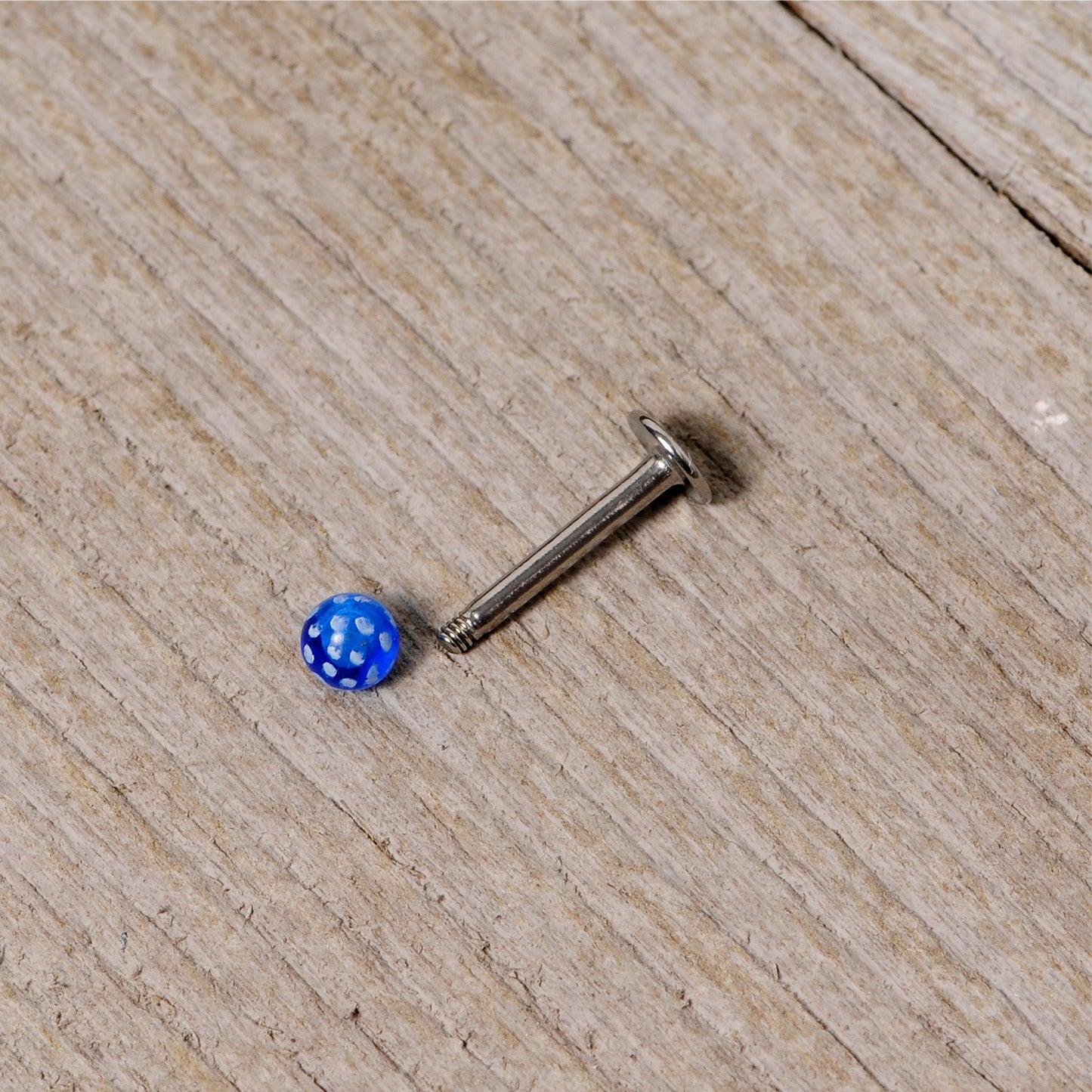 16G 1/4 Blue Polka Dot UV Reactive Acrylic Ball Labret Tragus