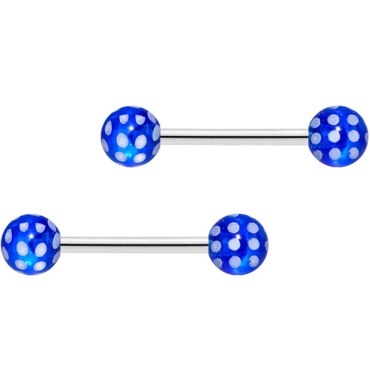 14G 9/16 Blue White Polka Dot UV Ball Barbell Nipple Ring Set