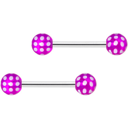 14G 9/16 Purple White Polka Dot UV Ball Barbell Nipple Ring Set